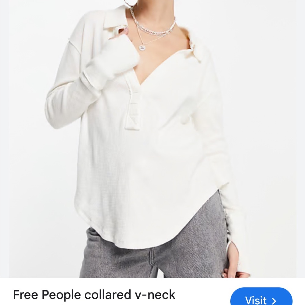 Free People White Collared V-Neck Top